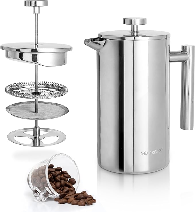 Mixpresso Stainless Steel French Press Coffee Maker 26 Oz 770 ml Double Wall Insulated French Press Stainless Steel Easy Clean Tea Brewer Easy Press Durable Metal Coffee Press