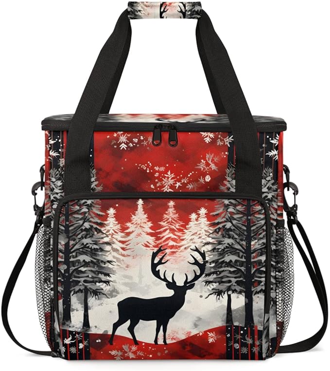 Christmas Misty Forest Coffee Maker Carrying Bag Winter Reindeer Travel Storage Bag Compatible with K-Mini or K-Mini Plus Single Serve Coffee Brewer Carrying Case with Pockets &amp Shoulder Strap