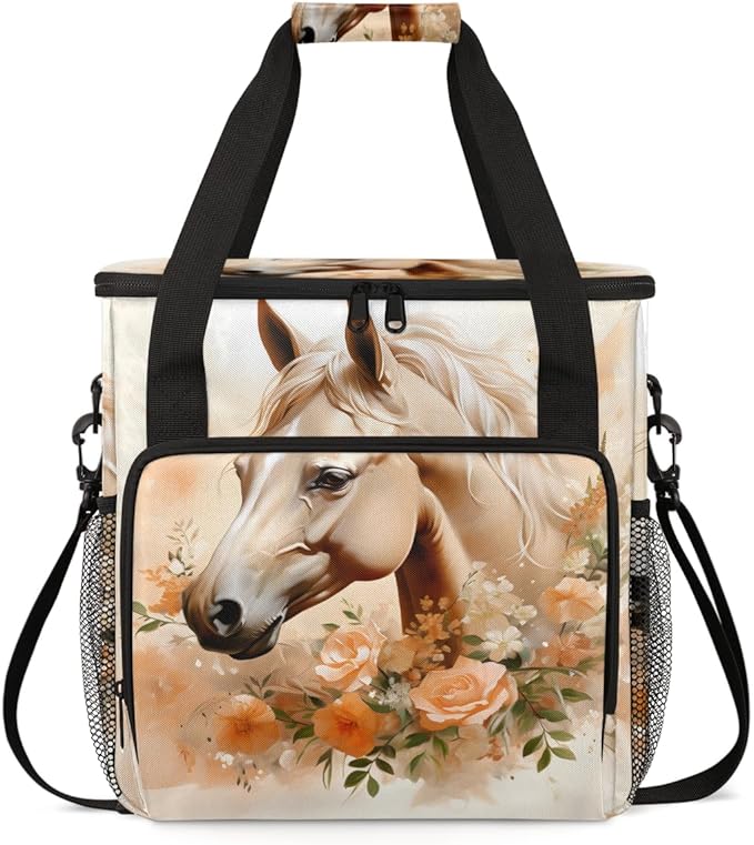 Horse Coffee Maker Carrying Bag Flowers Horse Portable Travel Storage Tote Bag Compatible with K-Mini or K-Mini Plus Single Serve Coffee Brewer Carrying Case with Multiple Pockets &amp Shoulder Str