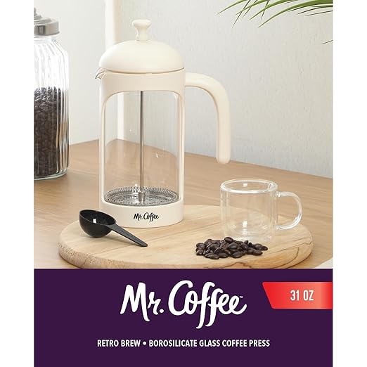 Mr. Coffee Retro Brew French Press Coffee Maker 31-Ounce Glass Carafe with High Heat Resistant Durable Borasilicate Glass &amp Cream Frame and Plunger Includes Coffee Scoop