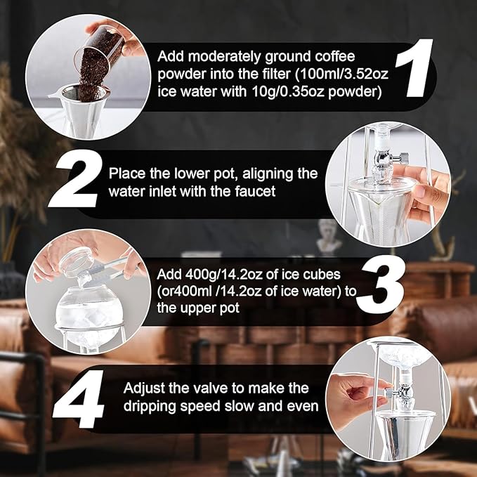 Slow Drip Cold Brew Coffee Maker Sealed Extraction Iced Tea Maker 2-4 Cup Capacity Adjustable Drip Speed with Stainless Steel Filter for Home/party