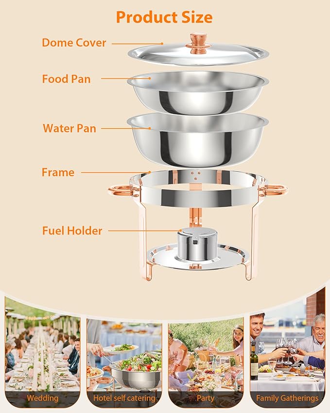 Superior 5QT Round Stainless Steel Chafing Dishes Buffet Set – Glass Lids Spoon &amp Tweezers Food Warmer Server for Catering &amp Events Rose Gold – 6-Pack 6-Piece Set