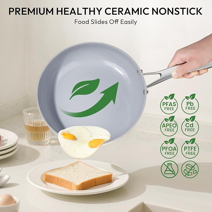 10-Piece Ceramic Nonstick Cookware Set - PFOA-Free Pots and Pans with Glass Lids Healthy Cooking Easy Clean Induction Compatible &amp Oven Safe Includes Frying Pan Saucepan Stockpot - Cream Whit