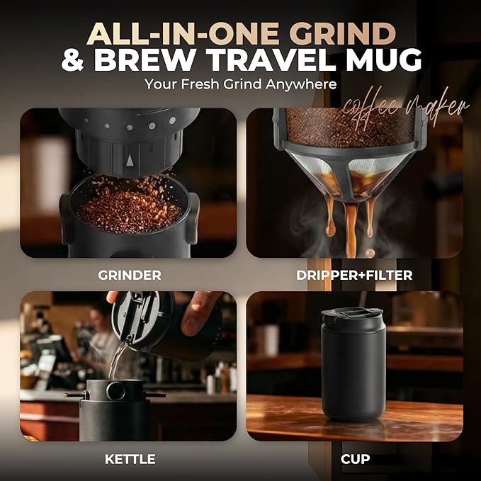 HAUSHOF Portable Coffee Maker Travel Coffee Maker Battery Operated Small Pour Over Set Compact Coffee Maker with Electric Grinder &amp Insulated Mug for Travel Camping Car