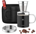Pour Over Coffee Maker Set for Travel/Camping/Hiking Single Cup Stainless Steel Coffee Filter 14 Oz Borosilicate Glass Mug Extra Permanent Lid and Moulded Neoprene Case at Home/Office