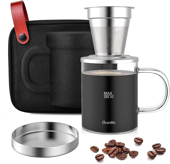Pour Over Coffee Maker Set for Travel/Camping/Hiking Single Cup Stainless Steel Coffee Filter 14 Oz Borosilicate Glass Mug Extra Permanent Lid and Moulded Neoprene Case at Home/Office
