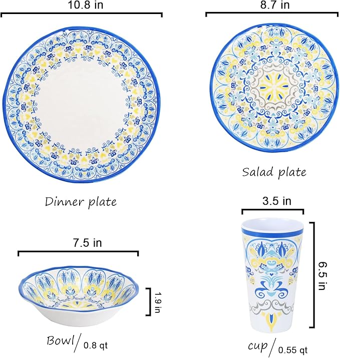 Melamine Dinnerware Set for 4-16 Pcs:Camping Dishes Set with Dinner PlatesSalad Plates Bowls and Cups.Lightweight and Unbreakable.Indoor and Outdoor Use.