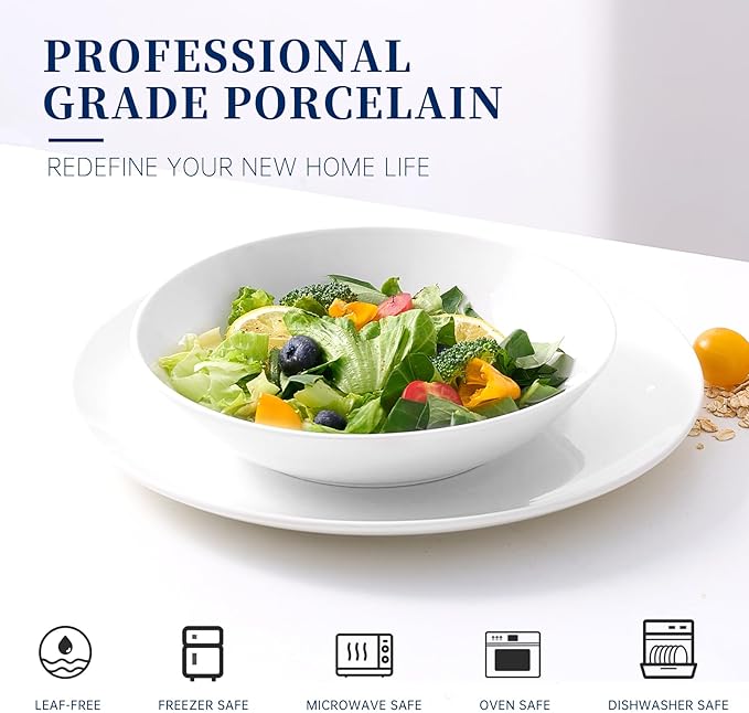 Bestone 12-Piece Round Porcelain Dinnerware Set Service for 4 Chip Resistant Plates and BowlsWhite Dishwasher &amp Microwave Safe for Home Daily Use