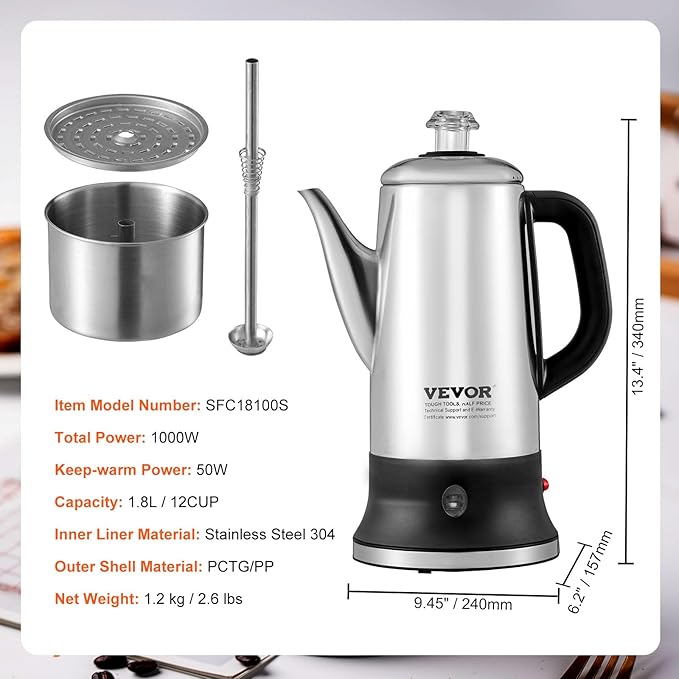 VEVOR 12-Cup Electric Percolator Coffee Pot 304 Stainless Steel Body Coffee Percolator with Keep Warm Function &amp Heat-Resistant Handle Classic Coffee Maker Quick Brew &amp Easy-Pour Spout Sil
