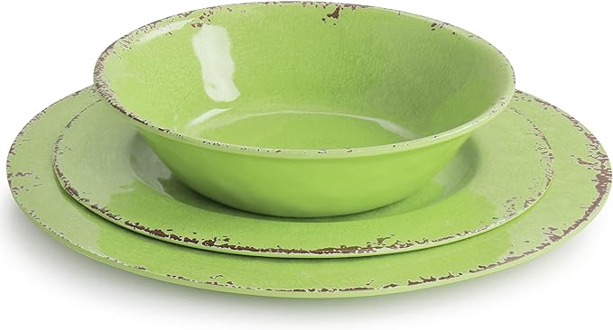 12 Piece Dinnerware Set in Green Textured Casual Round Dishwasher Safe