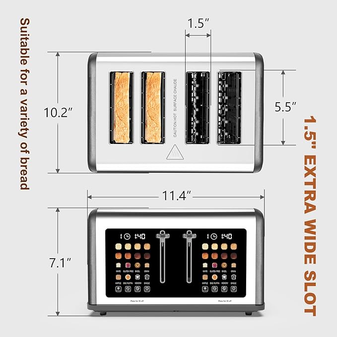 4 Slice Toaster Touch Screen Stainless Steel Toasters Digital Timer Dual Control Panel Toasters 8 Shade Settings 6 Bread Types for Bagel Cancel Defrost 1650W Grey
