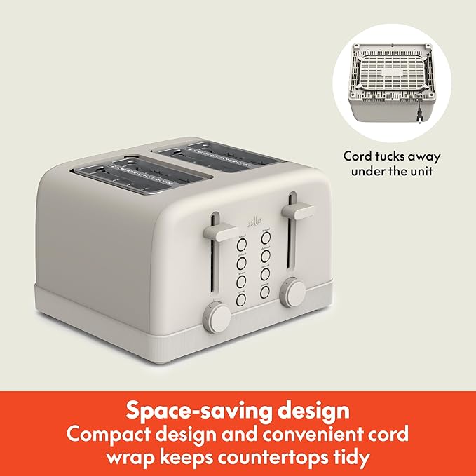 bella 4 Slice Toaster 6 Setting Shade Control with Reheat &amp Cancel Buttons Removable Crumb Tray Anti Jam &amp Auto Shutoff 900 Watt Oatmilk