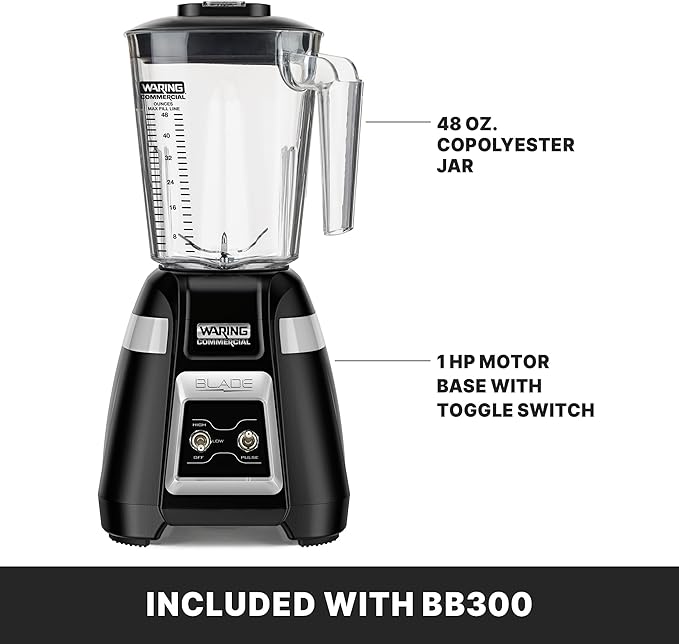 Waring Commercial BB300 Blade 1 HP Blender Toggle Switch Controls with Pulse feature with 48 oz BPA Free Copolyester Stacking Container 120V 5-15 Phase Plug Black
