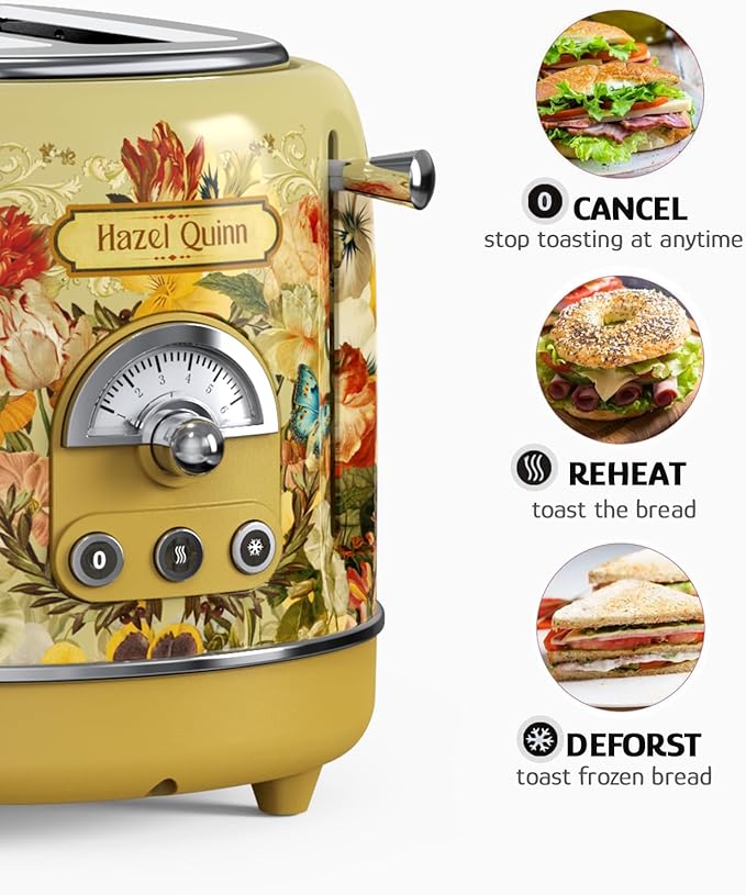 Hazel Quinn X Eduardo Recife Collaboration 2-Slice Retro Toaster 6 Browning Levels 3 Functions-Defrost/Reheat/Cancel Removable Crumb Tray for Easy to Clean 1.5 Inches Extra Wide Slots