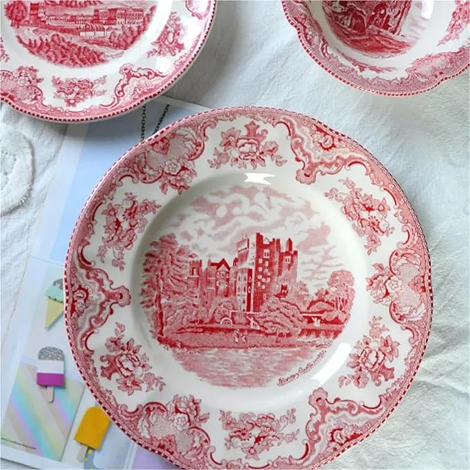 Porcelain Ceramic Dinnerware Set - 8 &amp 10 Inch Plates Bowls Coffee Cups for Kitchen Dining(C-lock-140-pink)