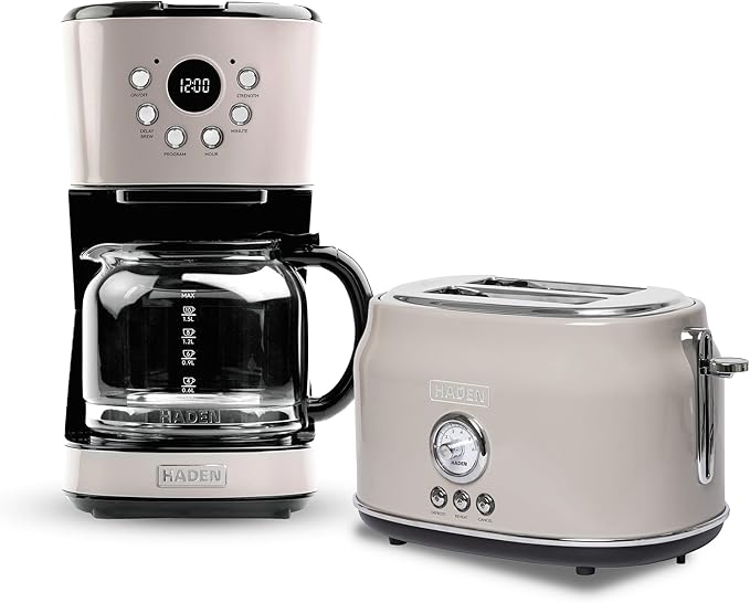 Haden 12 Cup Programmable Drip Coffee Maker Coffee Machine Bundled with Dorset 2 Slice Wide Slot Stainless Steel Toaster Putty &amp Chrome