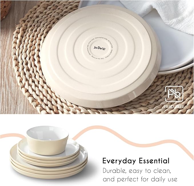 Stoneware Dinnerware Set for 4(12Pcs) – Microwave &amp Dishwasher Safe Plates and Bowls with Reactive Glaze – Rustic Farmhouse Modern Design for Everyday Dining Wedding &amp Outdoor - Light Beige
