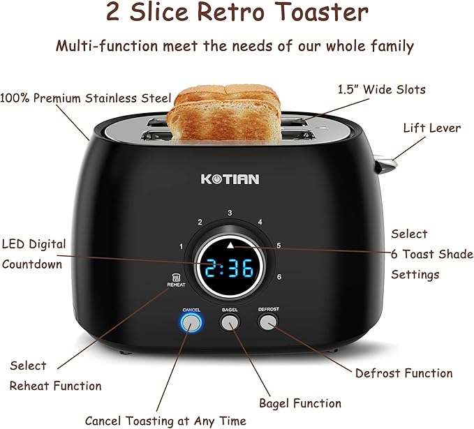 Toaster 2 SliceKOTIAN Retro Toaster1.5 Extra Wide SlotStainless Steel Toasters BagelDefrostReheatCancel Function 6 Toast Settings Digital TimerRemovable TrayMatte Black