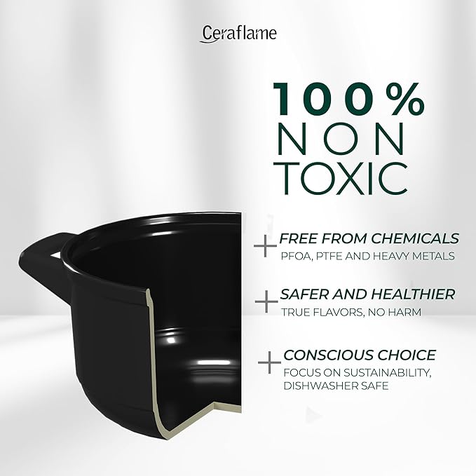 Pure Ceramic Healthy Non Toxic Cookware Set - Oven Safe Up to 1200F Microwave and Dishwasher Safe Longlasting and Lightweight - PFAS PTFE PFOA PFOS - Black