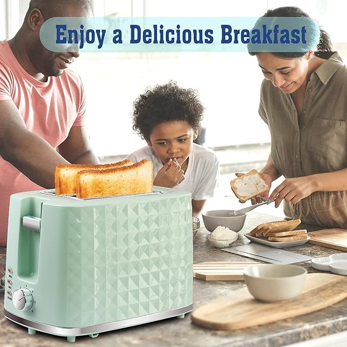 Toaster 2 Slices Toasters Wide Slot Bread Toaster with Cancel Bagel Defrost Function Bagel Toasters with Removable Tray &amp 6 Temperature Settings Green