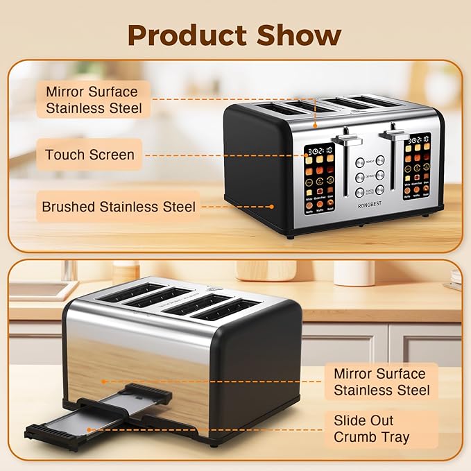 4 Slice Touch Screen Toaster Easy-to-Use Digital Stainless Steel Toaster with Wide Slots Reheat Defrost Cancel Removable Crumb Tray Matte Black