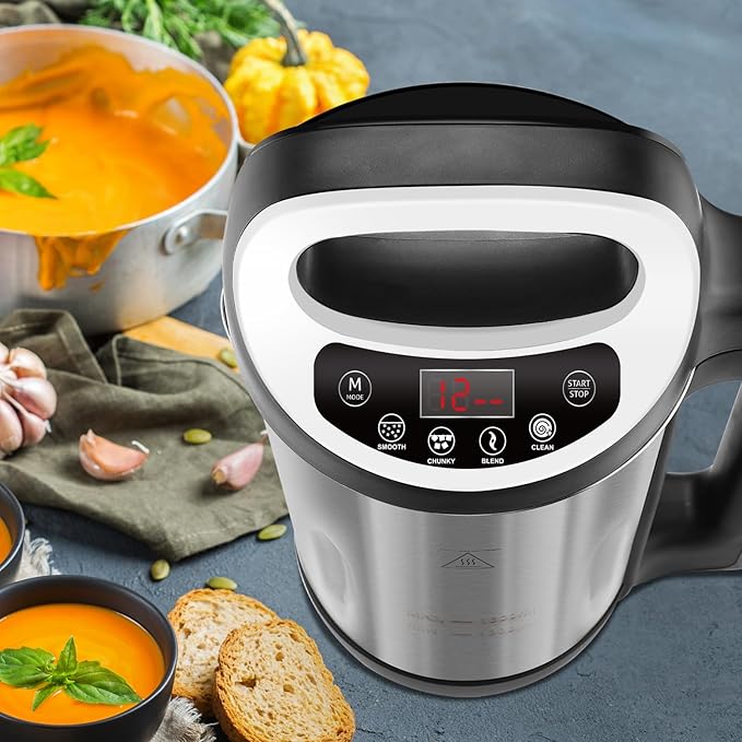Homtone 1.6L Soup Maker Stainless Steel Soup Making Machine with Smooth &amp Chunky Settings Anti-Dry Burn Overfill Sensors Self-Cleaning Mode for Quick Soups Baby Food