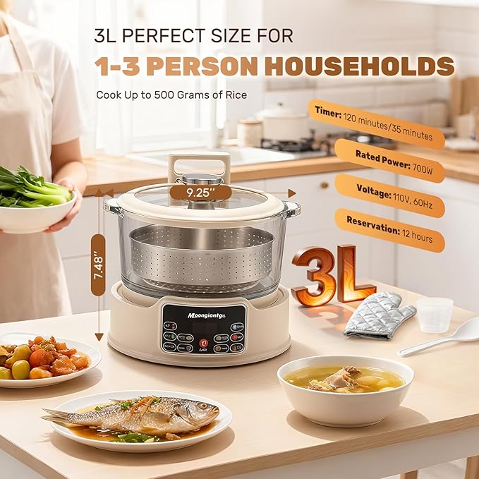 Moongiantgo Low Carb Rice Cooker 3L with Auto Lift Filter Basket Glass Pot Healthy Low Sugar Rice Maker 700W Digital Touch Control 12H Timer &amp Keep Warm Steamer for Porridge Soup Oats Grain