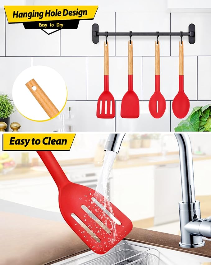 Pack of 4 Silicone Cooking Utensils Set Non Stick Solid Spatulas and Heat Resistant Slotted Spoons with Wooden Handle Ideal Wood Kitchen Utensils Set for FryingServingTurningStirring (RED)