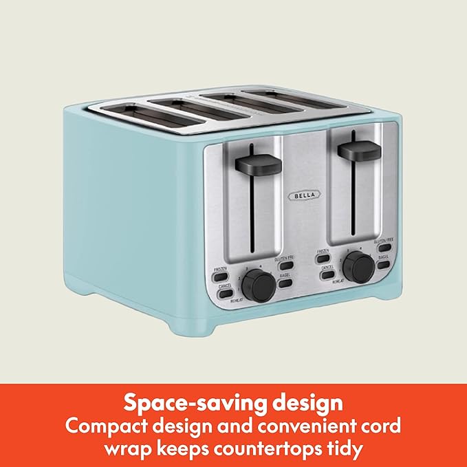 bella 4 Slice Toaster with Auto Shut Off - Extra Wide Slots &amp Removable Crumb Tray and Cancel Defrost &amp Reheat Function - Toast Bread &amp Bagel Stainless Steel and Aqua