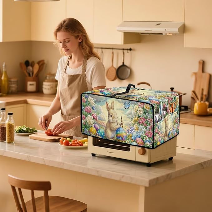 Bunny Flower Printed Toaster Cover Easter Egg Printed Heavy Duty Toaster Oven Dust Cover with Accessory Pockets Washable Kitchen Small Appliance Protector Easter Decor M