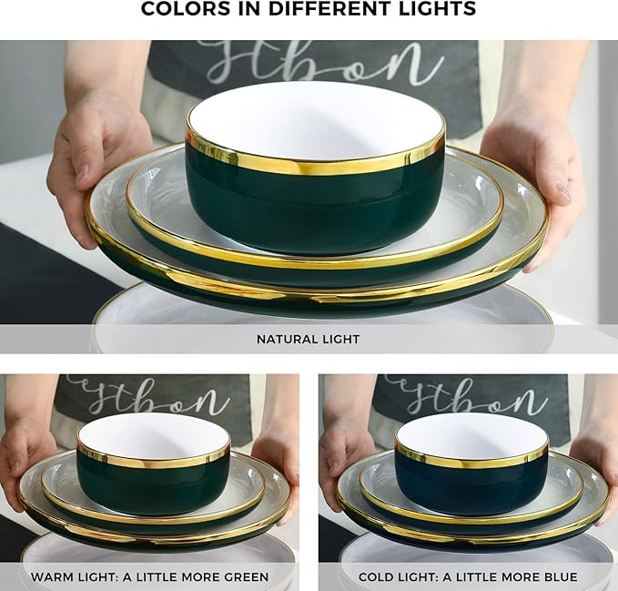 Porcelain Dinnerware Sets 12 Piece Luxury China Plates and Bowls Sets Green Dishes Set Gold Rim for Wedding Anniversary Birthday Modern Dinner Plates Set