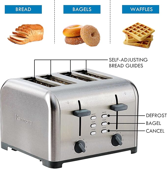Kenmore 4 Slice Toaster Stainless Steel Extra Wide Slots Adjustable Browning Bagel and Defrost Settings Removable Crumb Tray Best Prime Toaster for Bread Bagel Waffles and more