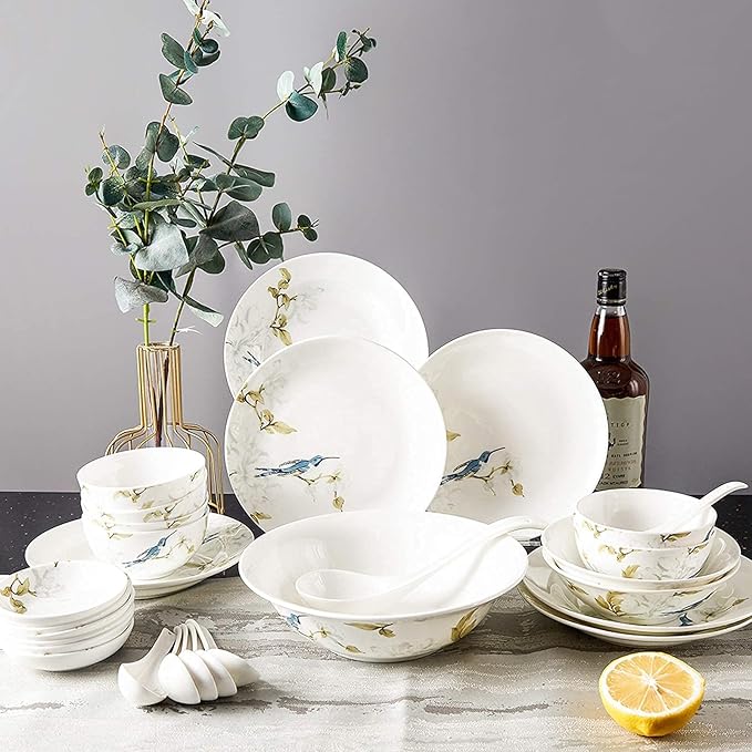 Ceramic Porcelain Dinnerware Set 28 Piece Elegant Pastoral Style Dinnerware Set Household Kitchen Dinnerware Set Service for 6 Plates and Bowls Sets Ceramic Dinne