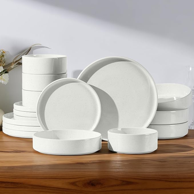 E-far 16-Piece Plates and Bowls Sets - Stoneware Dinnerware Sets with Pasta Bowls for 4 | Microwave &amp Dishwasher Safe Kitchen Modern Dish Set Speckled White