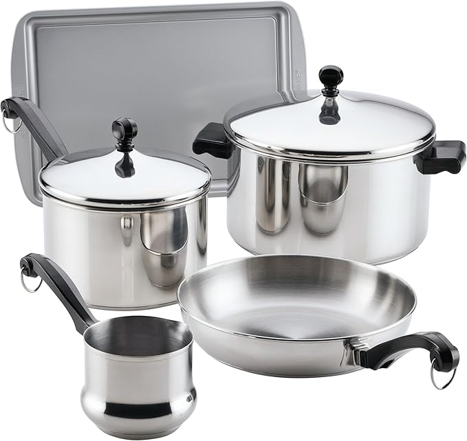 Farberware Classic Series Stainless Steel Pots and Pans with Baking Sheet Pan Cooking Tools and Lids Induction Ready Dishwasher Safe 10 Piece Cookware Set Metal Utensil Safe - Stainless Steel