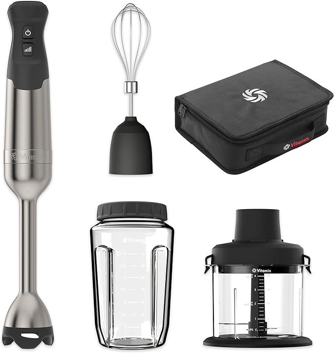 Vitamix 5-Speed Immersion Blender 5-Piece Bundle 625-Watt Motor One-Handed Operation 5 ft cord includes Mini-Chopper Blending Jar Whisk Attachment &amp Storage Case Stainless Steel/Black