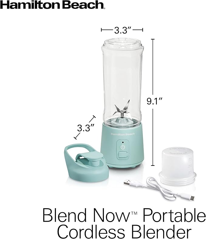 Hamilton Beach Mini Cordless Portable Personal Blender for Shakes and Smoothies USB Rechargeable 16 oz. Jar with Leakproof Travel Lid 6 Stainless Steel Blades Blue (51182)