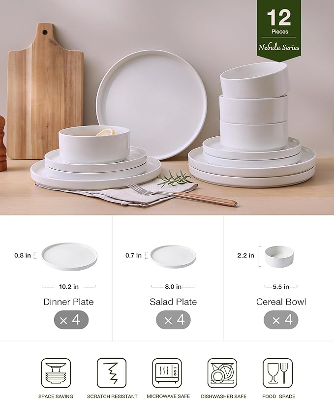 Famiware Nebula Plates and Bowls Set 12 Pieces Dinnerware Sets Dishes Set for 4 White