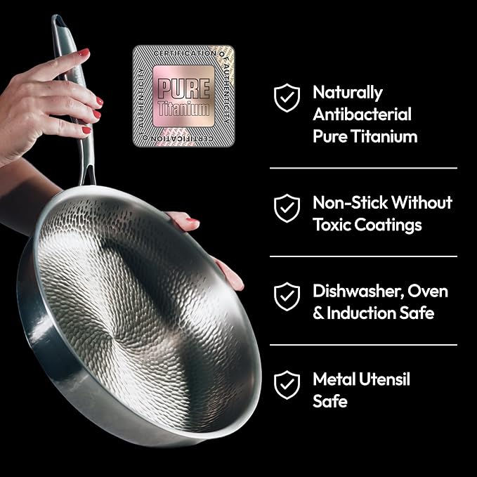 Plateful Titanium Pan For Cooking 12 - Pure No Coating Non-Stick Titanium Cookware Frying Pans Hammered Pan Safe For Oven Induction &amp Cooktops Up To 750°F Includes Lid