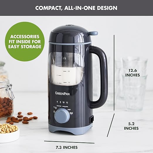 GreenPan Nut Milk Maker 15-in-1 Homemade Soy Almond Oat Coconut Non-Dairy Rice Soup Baby Food BPA-Free Smooth Creamy Texture Self Clean Barista Quality Milk Delay Start Boil Water Gray