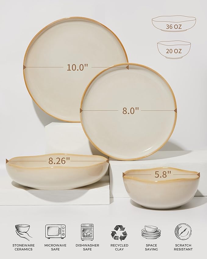 24 Pieces Dinnerware Set for 6 with Pasta Bowls Complete Ceramic Dish Set Stackable &amp Glossy Stoneware Plate and Bowl Set for Effortless Everyday Hosting Yellow White