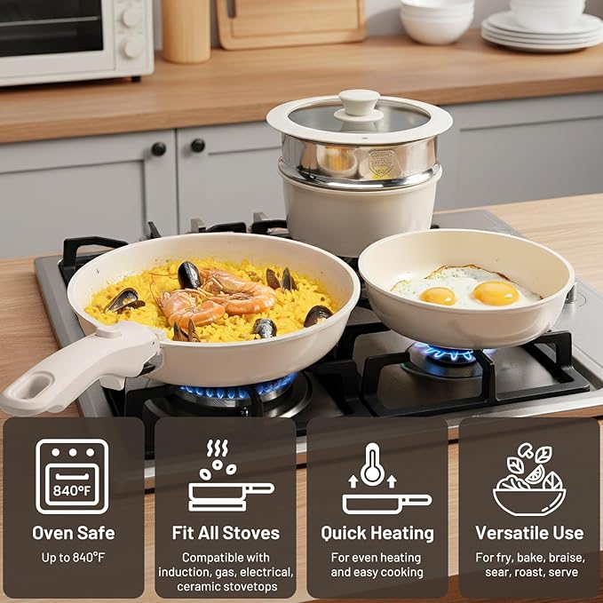 KIKCOIN Ceramic Cookware Set Non Stick Pots and Pans Set with Detachable Handle - 25 Pack Stackable Cooking Set for RV Kitchen - Induction Ready - Dishwasher and Oven Safe