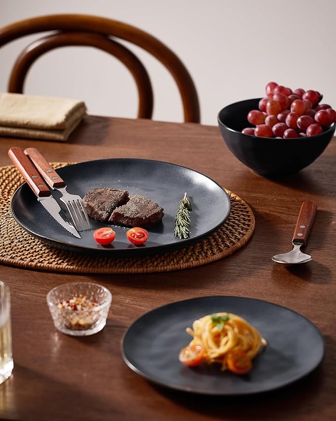 Famiware Dinnerware Sets for 8 Ocean Round 24-Piece Kitchen Plates and Bowls Sets Microwave and Dishwasher Safe Scratch Resistant Matte Black