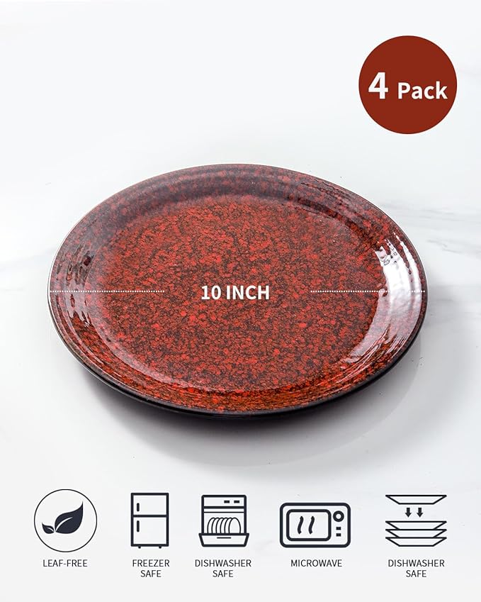 Hasense 10-Piece Service for 4 Dinnerware Set 65 Oz Bowls 10 inch Plates 15 Oz Mugs Red