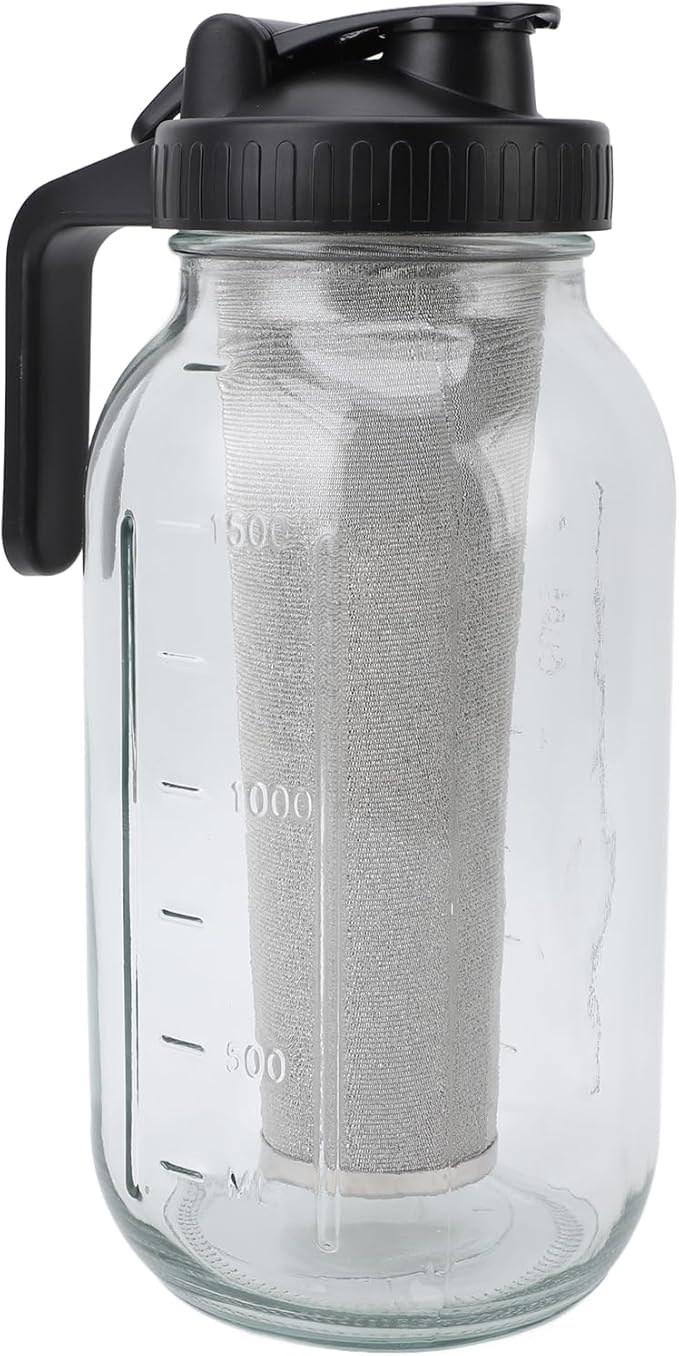 Cold Brew Coffee Maker Jar Stainless Steel Filter Thick Glass Iced Coffee Pitcher Spout Lid Handle Working Home (2000ml)