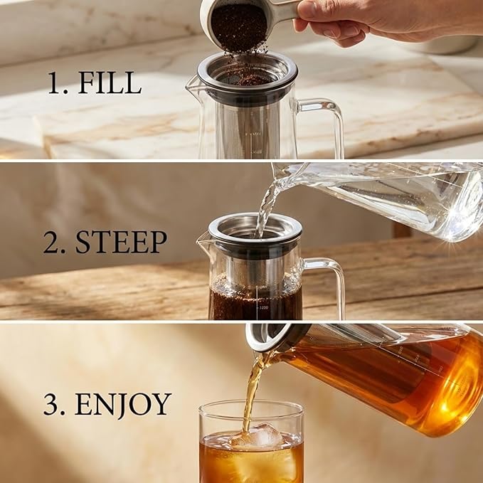 Cold Brew Coffee Maker &amp Ice Tea Maker 1.4L/48oz Cold Brew Pither Borosilicate Glass Carafe with Stainless Steel Filter Airtight Lid Dishwasher Safe Easy to Use | Mannual &amp Brush Included