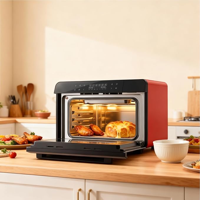 ROBAM Toaster Air Fryer Combi Oven Countertop Steam Oven 20-in-1 with Convection Steam Roast &amp Bake Multi-Stage Cooking Self-Clean 7 Modes 30 Built-In Recipes for Kitchen Pizza Baking (Red)