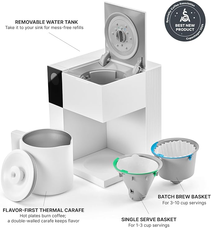 Fellow Aiden Precision Coffee Maker - 10-Cup Thermal Carafe Built-In Brewing Guidance Scheduling Removable Water Tank Matte White