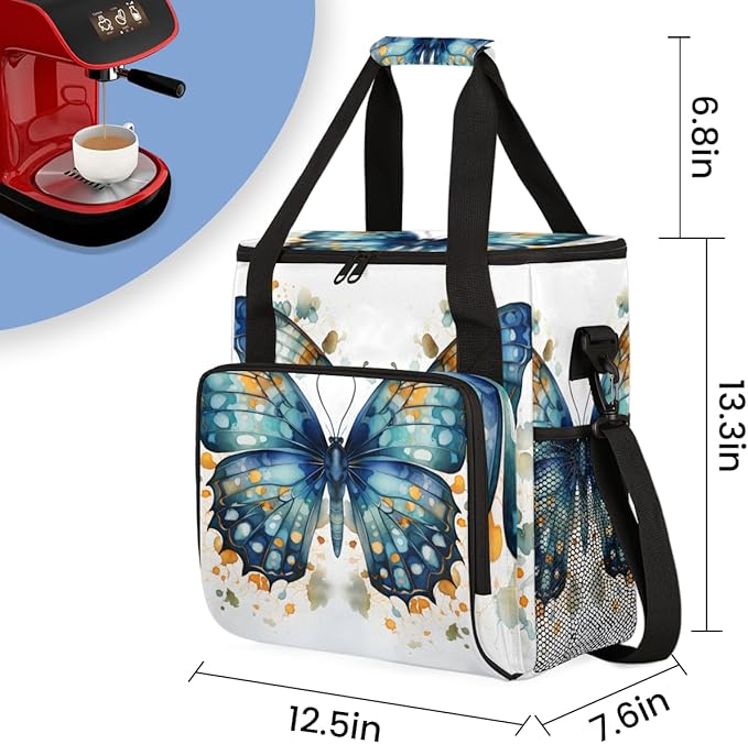 Artistic Butterfly Coffee Maker Carrying Bag Watercolor Butterfly Travel Storage Bag Compatible with K-Mini or K-Mini Plus Single Serve Coffee Brewer Carrying Case with Pockets &amp Shoulder Strap