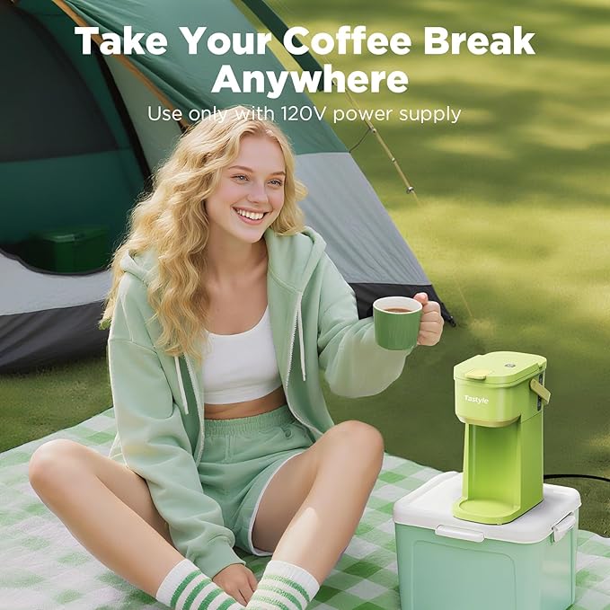 Single Serve One Cup Coffee Maker for K Cups and Grounds Mini Coffee Maker with Portable Handle 6 to 12 Oz Brew Size for Travel Camping Office RV and Dorm 120V Lime Green